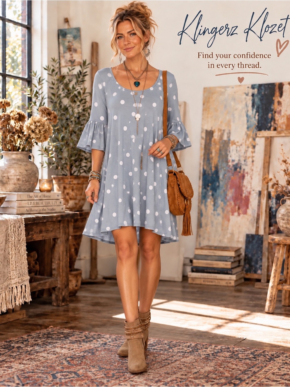 Suzanne Betro 1X Blue Gray Polka Dot Bell Sleeve Swing Dress